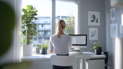 A woman working from home, standing at her desk in a bright apartment with large windows, decorated with greenery and contemporary art.