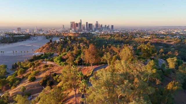 Elysian park and downtown Los Angeles, aerial view, morning sunlight, long shadows.