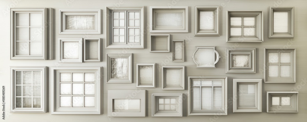 Poster a collection of empty picture frames arranged on a wall, showcasing various shapes and sizes.