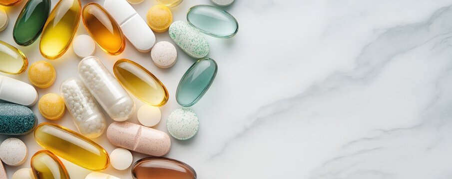 Dietary supplements and vitamins flat lay on marble background. Colorful pills, capsules and omega oils in modern minimal composition with copy space. 8k wellness banner backdrop with copy space