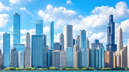 Fototapeta premium A panoramic view of a modern cityscape with skyscrapers against a bright blue sky with white clouds.