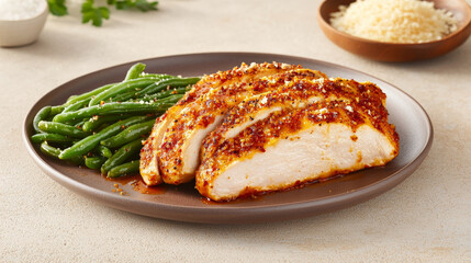 plate of baked chicken breast served with steamed green beans and sprinkle of cheese. This delicious meal is perfect for healthy dinner option