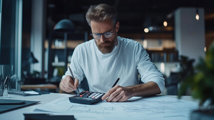 In a minimalist office, an architect holds a calculator over detailed plans, pencil in hand, immersed in calculating the budget for a new building project.