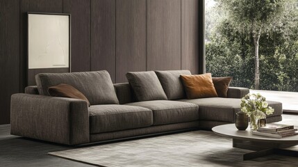 Fototapeta premium Modern and Stylish Living Room with Cozy Sofa and Elegant Coffee Table Surrounded by Lush Greenery and Natural Light in Contemporary Interior Design