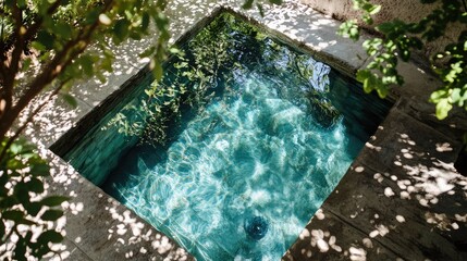 Tranquil Garden Pool Surrounded by Lush Foliage and Soft Reflections in a Private Retreat Setting Ideal for Relaxation and Peaceful Moments in Nature