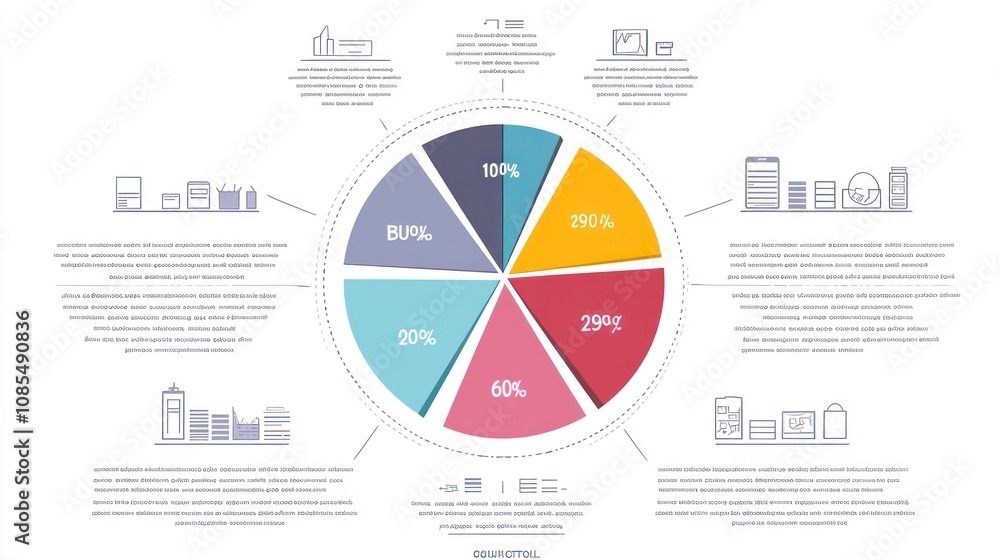Poster a pie chart infographic with eight slices representing different data points, each with a percentage
