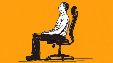 simple illustration of person sitting in office chair, demonstrating relaxation and good posture. bright orange background adds vibrant touch to scene