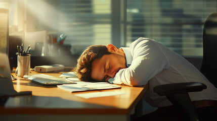 Obraz premium A tired manager rests his head on his arm, sleeping at his desk with a soft beam of sunlight illuminating his weary face in a clean, organized office space.