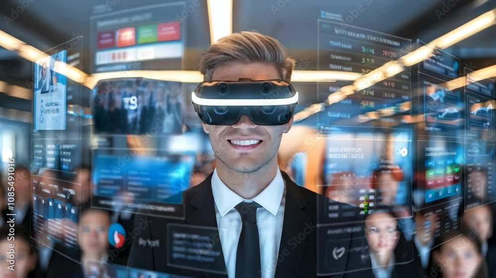 Poster a businessman wearing vr goggles in a futuristic setting with digital data displays around him.