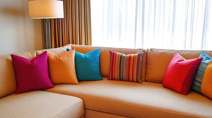 Cozy Living Room with Colorful Pillows on a Comfortable Sofa, Soft Light Filtering Through Sheer Curtains, Inviting Interior Decor Design for Relaxation and Comfort