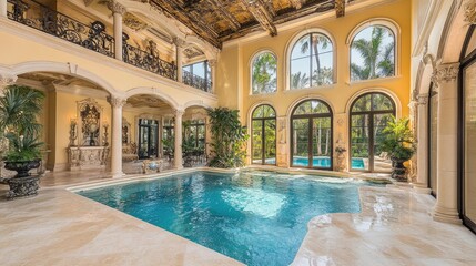 Luxurious Indoor Pool Surrounded by Elegant Architecture and Lush Greenery in a Bright and Spacious Living Area with Stunning Natural Light