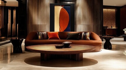 Elegant modern interior featuring stylish brown sofa, artistic wall decor, and unique wooden coffee table in a luxury living space with ambient lighting