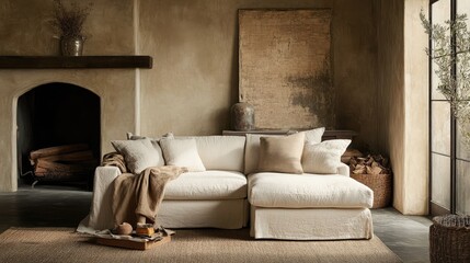 Cozy Minimalist Living Room with a Light Cream Sofa, Natural Textures, Earthy Tones, and Soft Lighting, Inviting Atmosphere for Relaxation and Comfort
