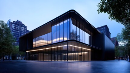 Obraz premium Modern architectural building with glass facade in urban setting.