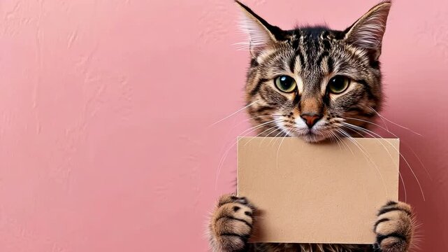 Funny cat holds a blank sheet of paper in its paws on a rose background. Banner. Copy space.