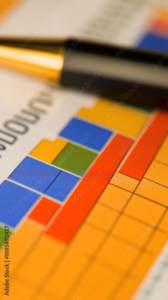 Poster a close-up of a colorful bar chart with a pen, indicating data analysis or presentation.
