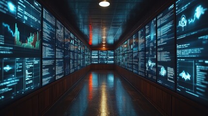 Fototapeta premium A corridor lined with digital screens displaying data and graphs.