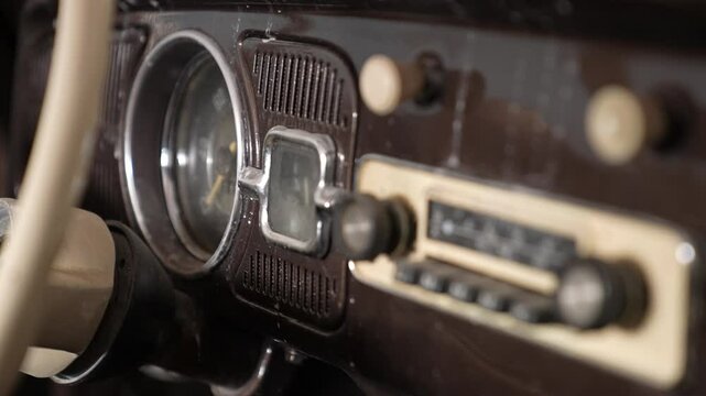 Close-up detail of the interior of a classic vehicle. Full of nostalgic atmosphere and worn details, this image is ideal for retro lovers.