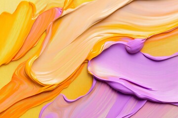 Abstract flowing strokes of orange, yellow, and purple paint. Macro shot of vibrant oil paint...