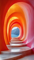 Obraz premium Vibrant, curved passageway leading to a scenic coastal view.