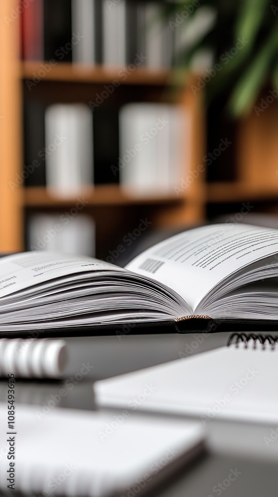 Aufkleber an open book on a desk with notebooks and a blurred bookshelf in the background.