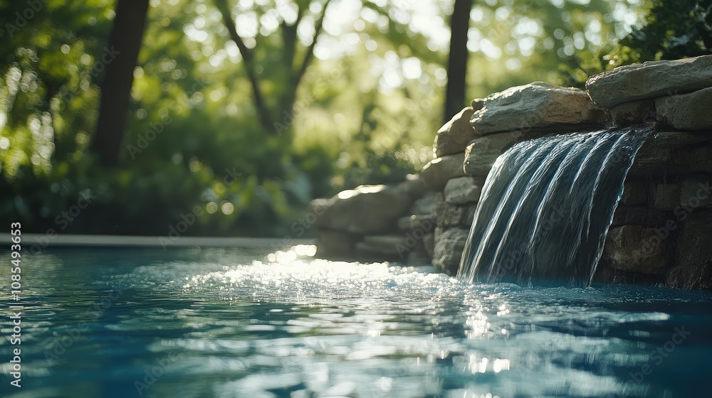 Poster serene poolside scene with cascading waterfall surrounded by lush greenery and sunlight filtering th