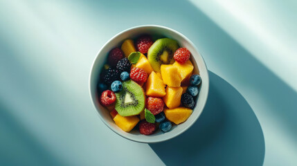 Fresh fruit salad with vibrant berries and tropical fruits, showcasing colorful mix of kiwi, mango, and blueberries, perfect for healthy snack or dessert