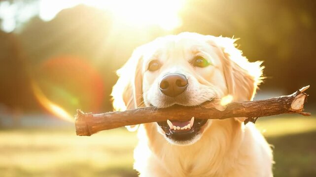 Dog is running through a field with a large stick in its mouth on a sunny day. The dog is panting happily with its tongue out