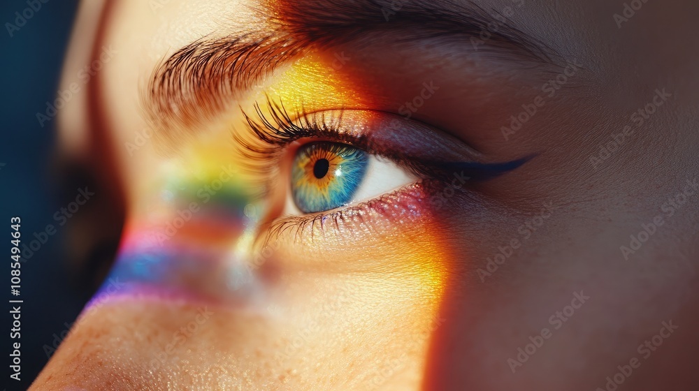 Poster close-up of an eye illuminated by colorful light reflections showcasing vibrant iris and unique make