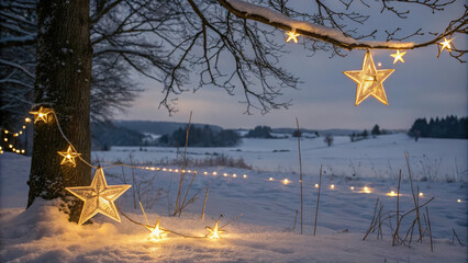 Golden stars and holiday lights reflecting in snow-covered fields, winter night magic, peaceful holiday vibes, tranquil nature