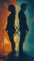 "Couple Standing Back-to-Back Bound by Chains Symbolizing Struggles in Relationships and Emotional Connection