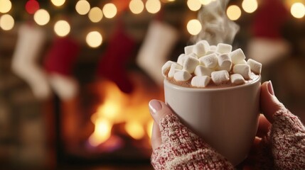 Cozy hot chocolate by the fireplace with marshmallows.