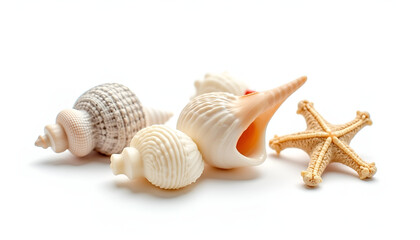 Assorted seashells and starfish on a white background