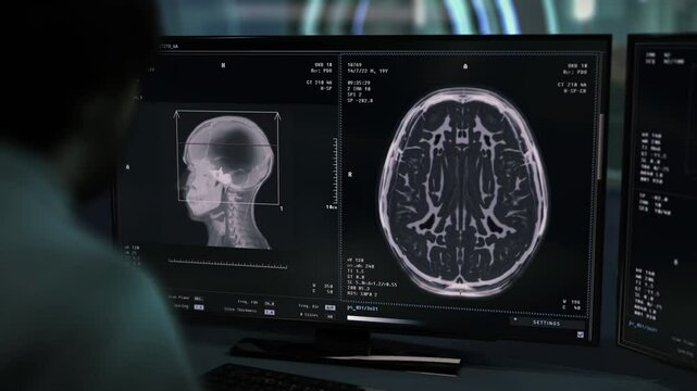Doctor supervises the medical scanner examining the patients brain. Doctor analyses the scanner brain analysis results. Doctor uses an x-ray scanner to study the damaged brain of an ill person.