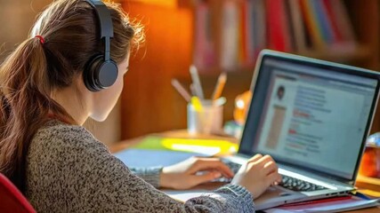 Focused teenage girl studying at home with laptop and headphones, surrounded by books. Modern education concept emphasizing technology and determination