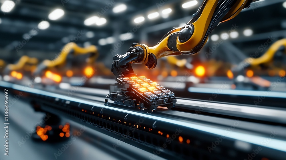 Poster close-up of robotic arms assembling products on conveyor belt in automated factory