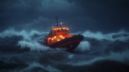 Rescue boat braving stormy seas with large crashing waves under a dark cloudy sky, bright lights shining through turbulent weather. Coastal safety and emergency response concept.


