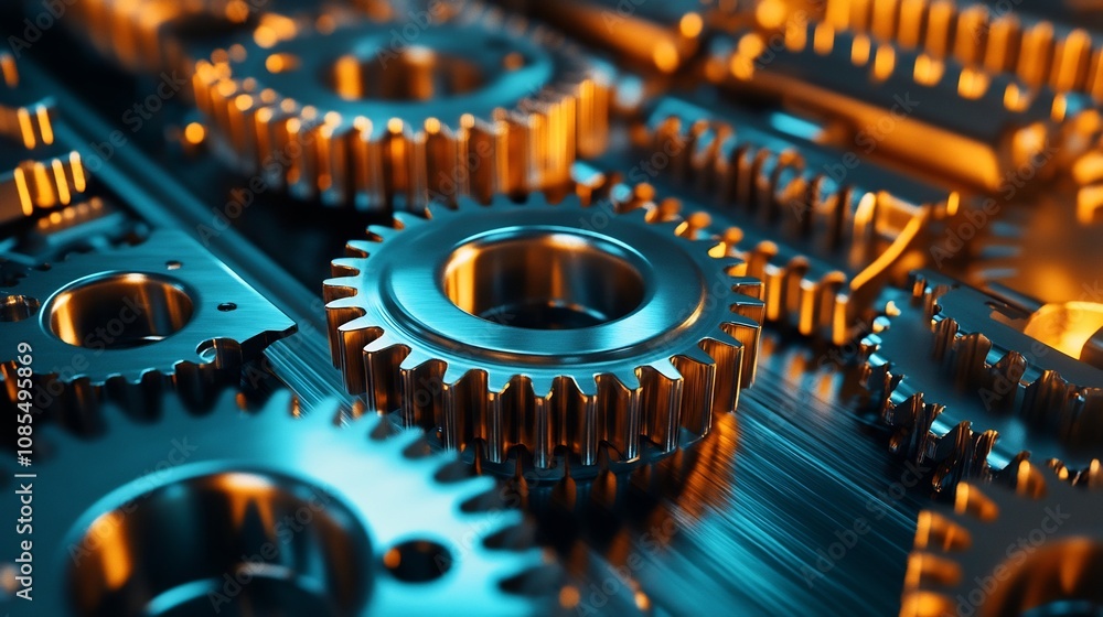 Poster intricate metallic gears and cogs in mechanical engineering design