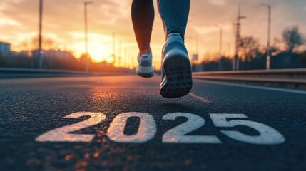Runner Welcoming 2025 at Sunrise on an Open Road, Symbolizing New Beginnings and Determination