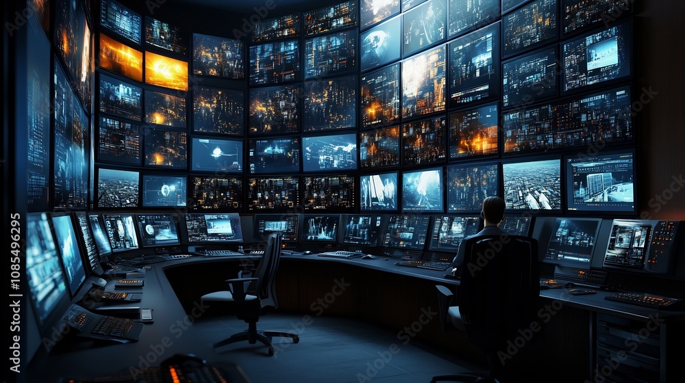 Poster industrial control room with extensive monitoring displays and operator workstations for overseeing