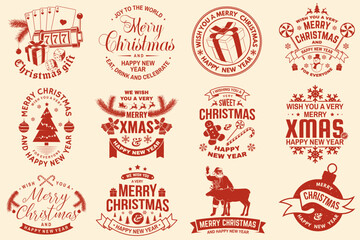Set of Merry Christmas and 2025 Happy New Year stamp, sticker Set quotes with snowflakes, snowman, santa claus, candy, sweet candy, cookies. Vector. Vintage typography design for xmas, new year emblem