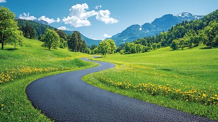 Winding asphalt road through green meadow, mountain backdrop.