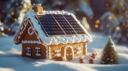 Gingerbread house with solar panel on the roof