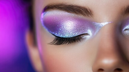 Fototapeta premium Close-Up of Fashionable Eye Makeup Featuring Shimmering Silver and Purple Shades with Long Lashes Against a Vibrant Background in Soft Focus