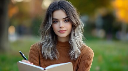 Obraz premium Woman with graying hair and thoughtful expression, seated in a serene park with a journal and pen, reflecting on past memories, surrounded by lush green scenery, early morning golden light casting 