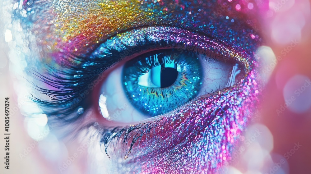 Poster vivid close-up of a sparkling eye with colorful glitter makeup and bright reflection captured in a d