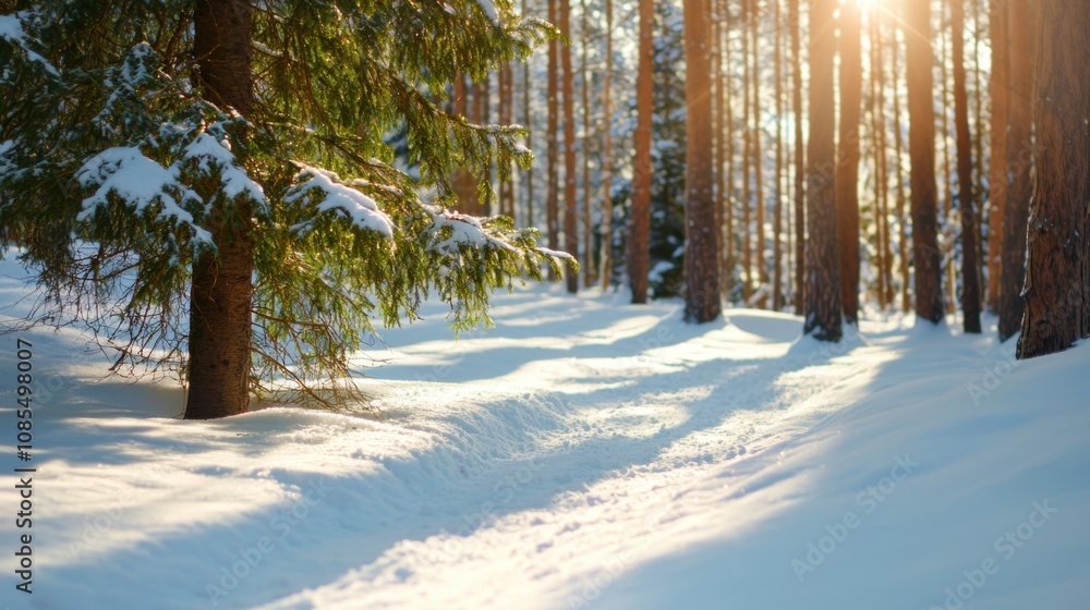 Poster serene snowy pathway through a tranquil winter forest surrounded by frost-covered trees and soft sun