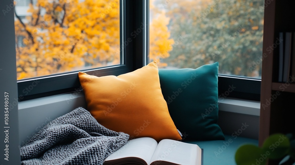 Aufkleber cozy reading nook by the window with built-in bookshelf and comfy throw pillows