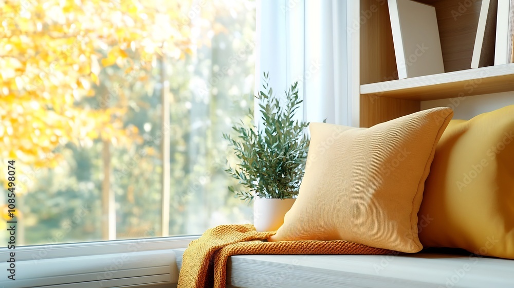 Aufkleber cozy reading nook by the window with built-in bookshelf and warm accents