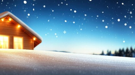Fototapeta premium Serene Winter Landscape with a Snow-Covered Hillside and a Charming Cabin Illuminated by a Warm Glow in a Magical Snowy Atmosphere at Dusk